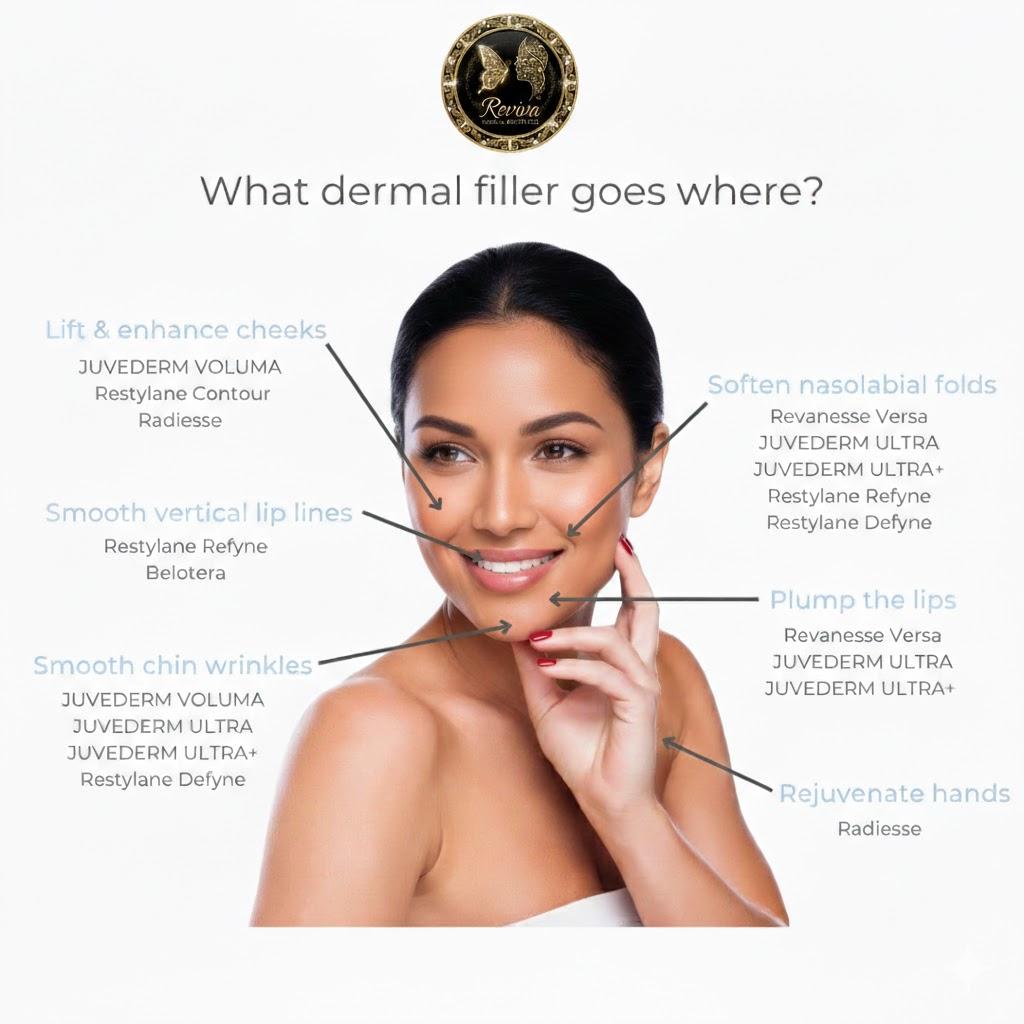 Diagram showing which dermal filler is used for each facial area